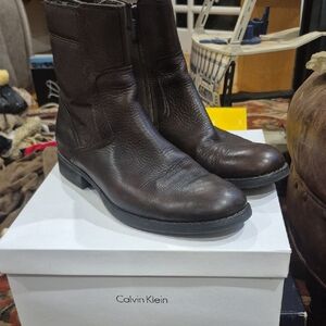 Calvin Klein Men’s Dark Brown Leather Zip Ankle Boots